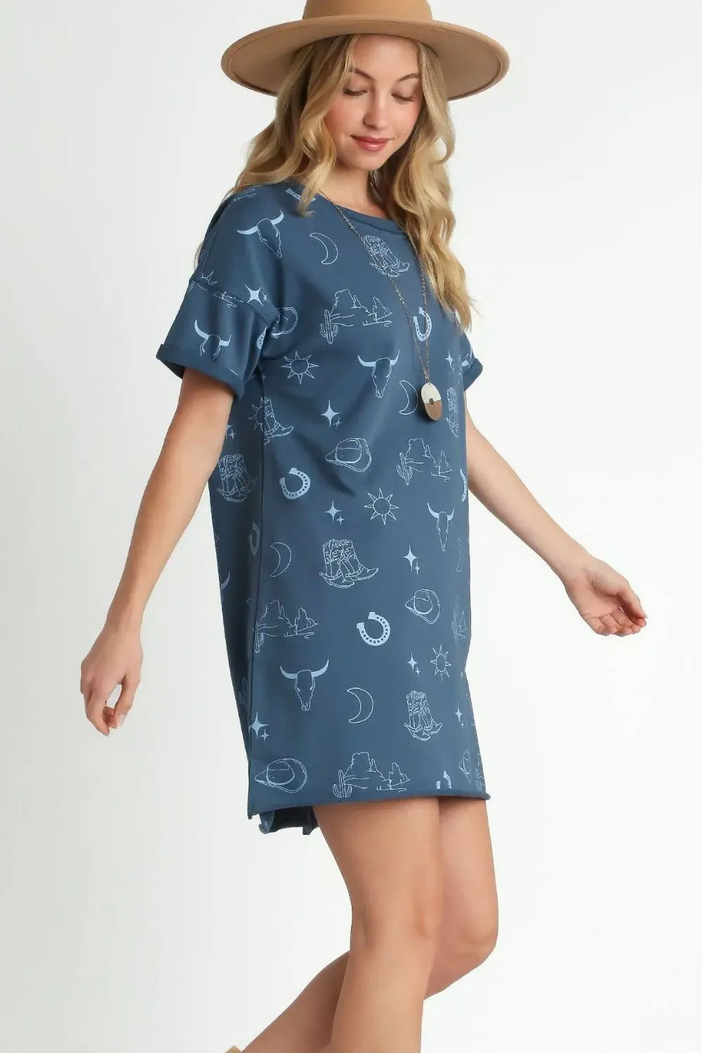 Umgee Full Size French Terry Short Sleeve Round Neck Dress Plus Size - Trendsi - Flyclothing LLC
