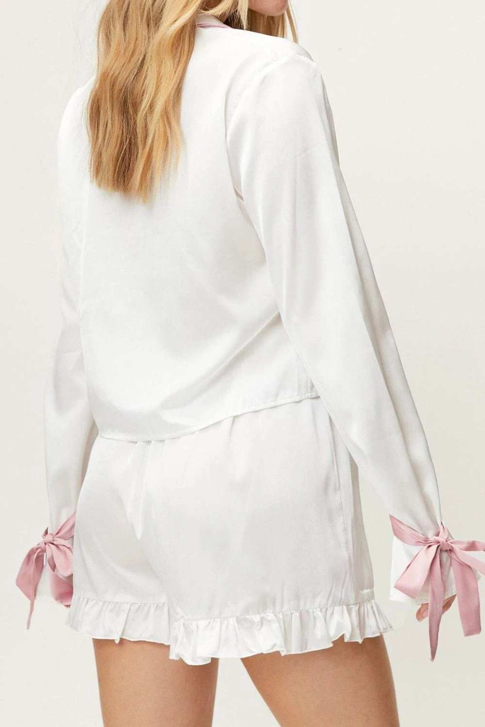 Basic Bae Tied Cuff Collared Neck Top and Frill Shorts Lounge Set - Trendsi - Flyclothing LLC