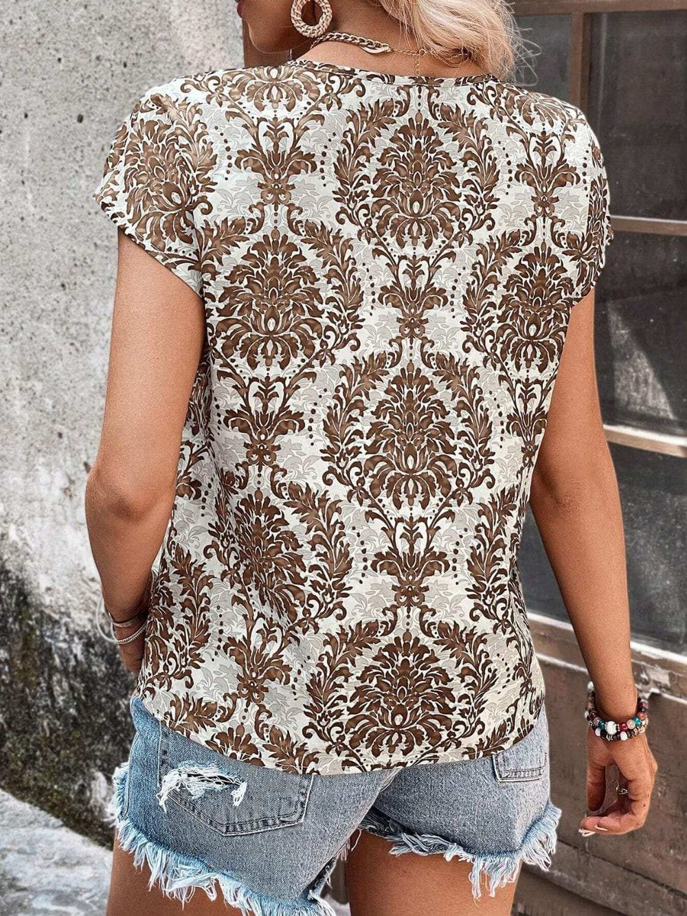 Printed Short Sleeve Blouse - Trendsi - Flyclothing LLC