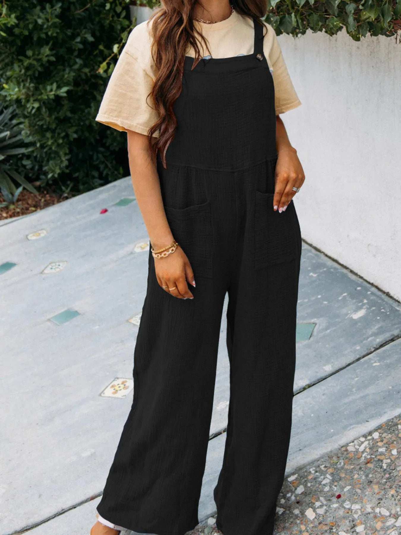 Full Size Casual Wide Leg Textured Overalls Plus Size - Trendsi - Flyclothing LLC