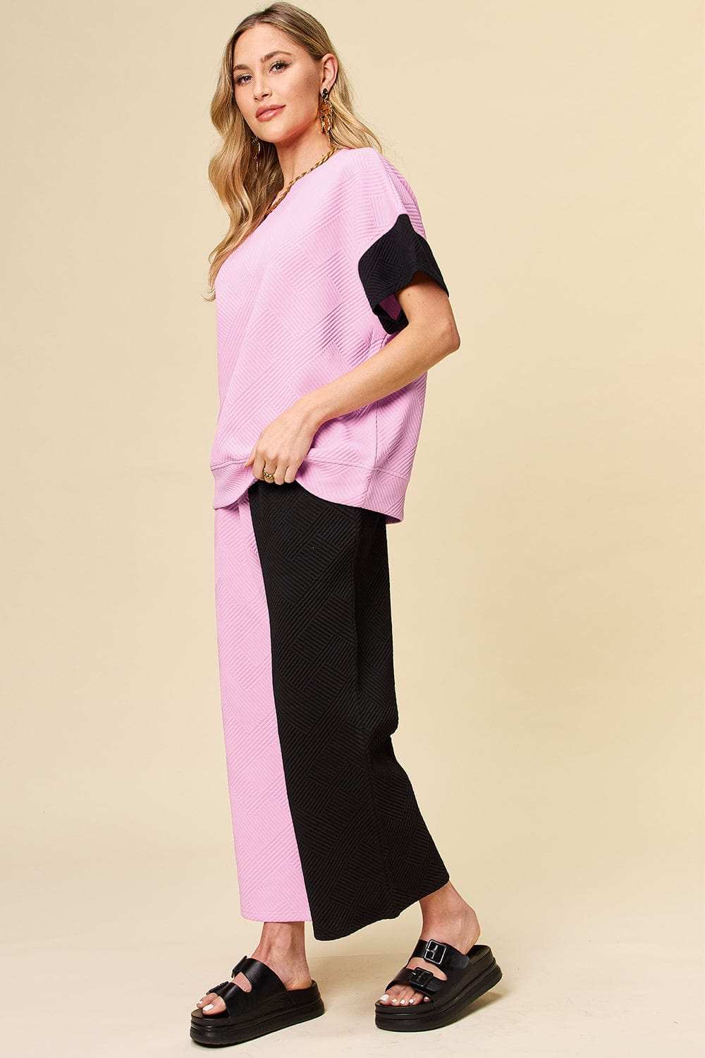 Double Take Full Size Texture Contrast T-Shirt and Wide Leg Pants Set - Trendsi - Flyclothing LLC