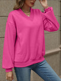 V-Neck Long Sleeve Dropped Shoulder Sweatshirt - Trendsi