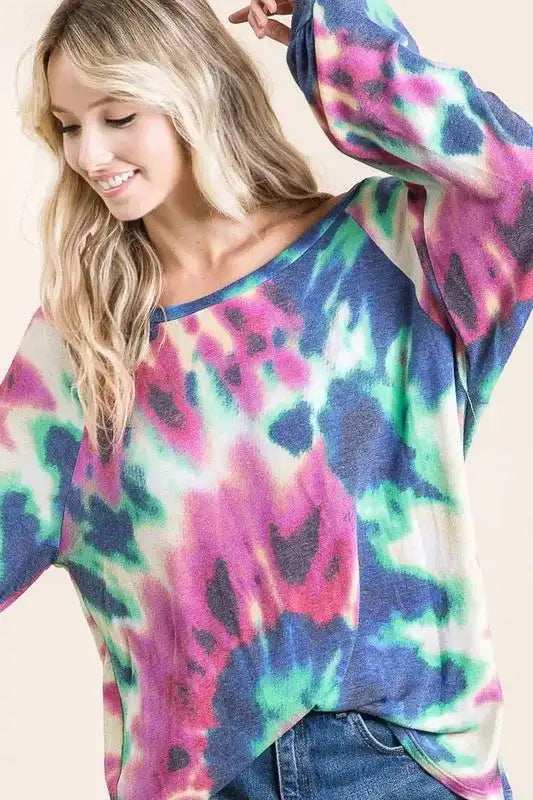 BiBi Tie Dye Print Terry Top with Puff Sleeves - Trendsi - Flyclothing LLC