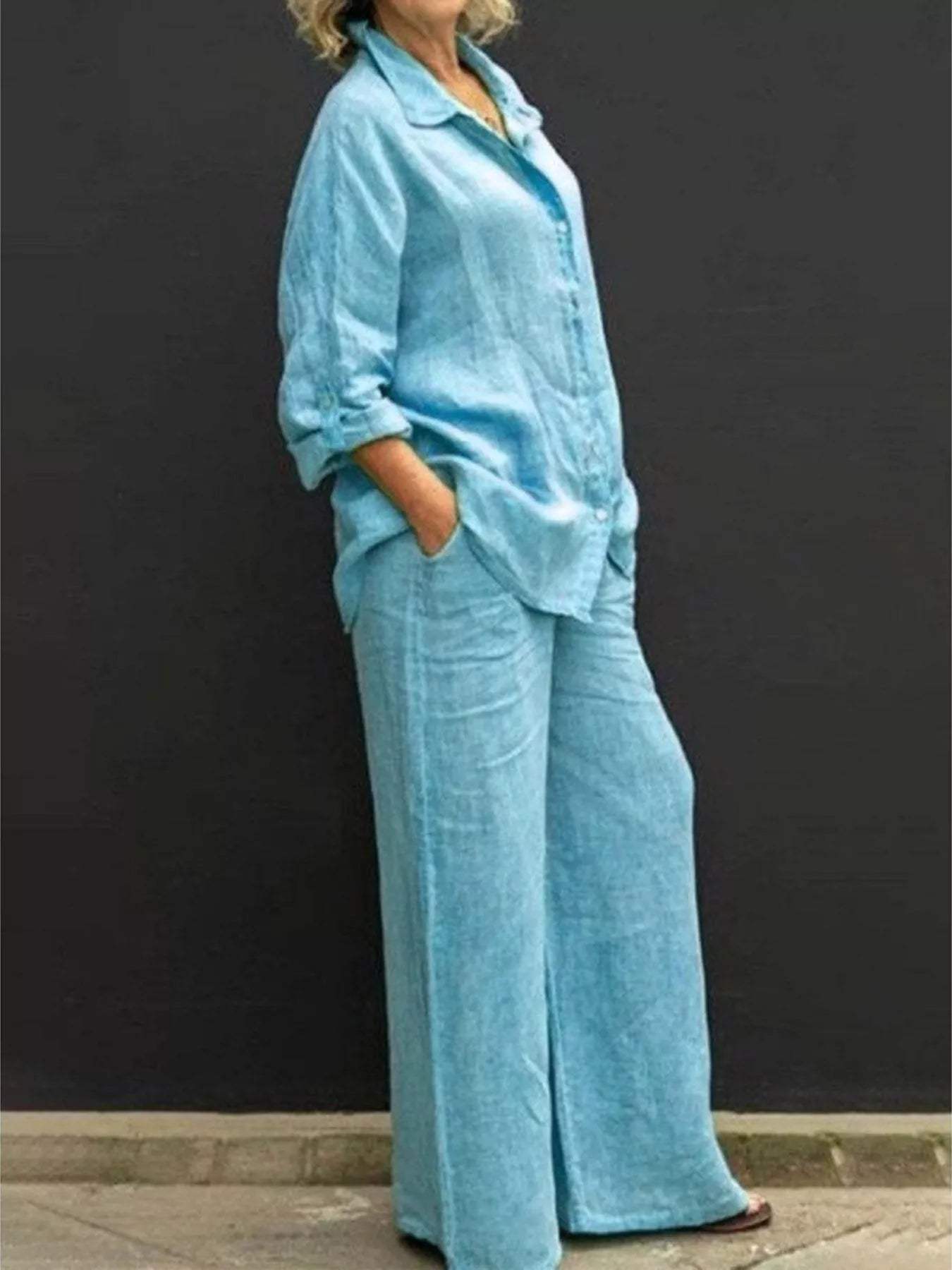 Full Size Long Sleeve Shirt and Pants Set Plus Size - Trendsi - Flyclothing LLC