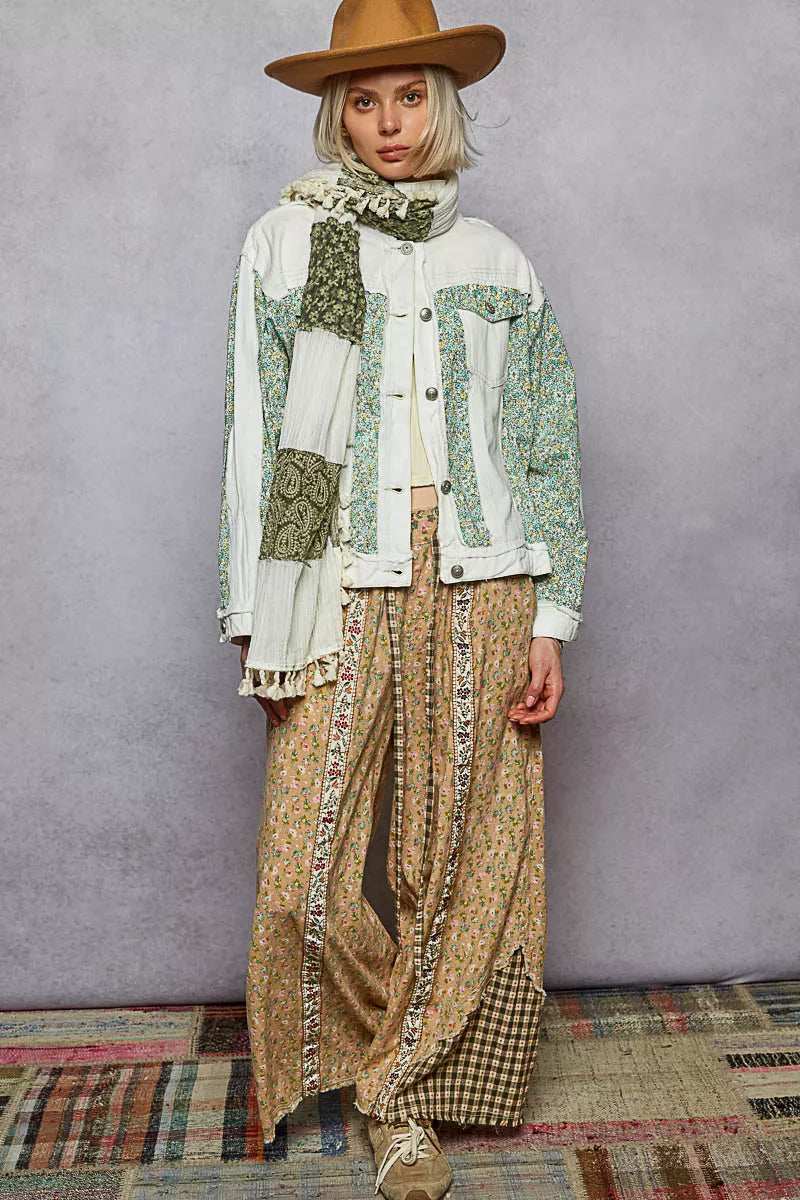 POL Button Down Patchwork Denim Jacket with Floral Print Details - Trendsi - Flyclothing LLC