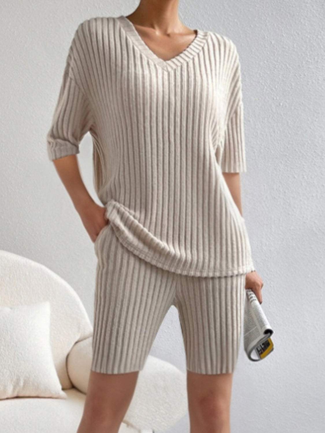 Ribbed V-Neck Top and Shorts Set - Trendsi - Flyclothing LLC