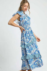 Umgee Paisley Print Ruffle Sleeve Midi Dress - Trendsi - Flyclothing LLC
