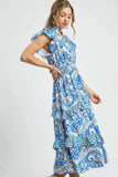 Umgee Paisley Print Ruffle Sleeve Midi Dress - Trendsi
