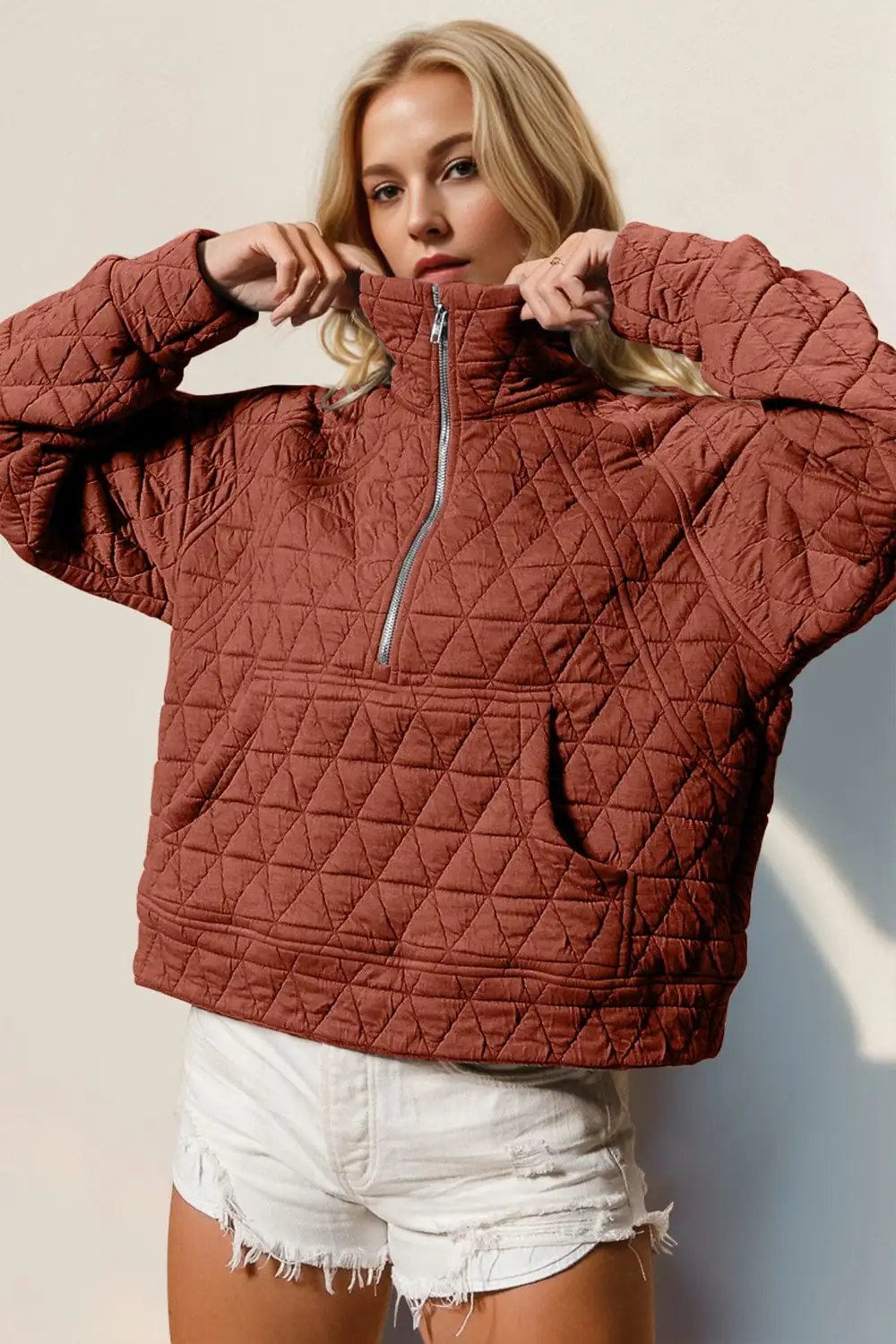 Double Take Half Zip Long Sleeve Quilted Sweatshirt with Pocket - Trendsi