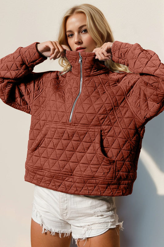 Double Take Half Zip Long Sleeve Quilted Sweatshirt with Pocket - Trendsi