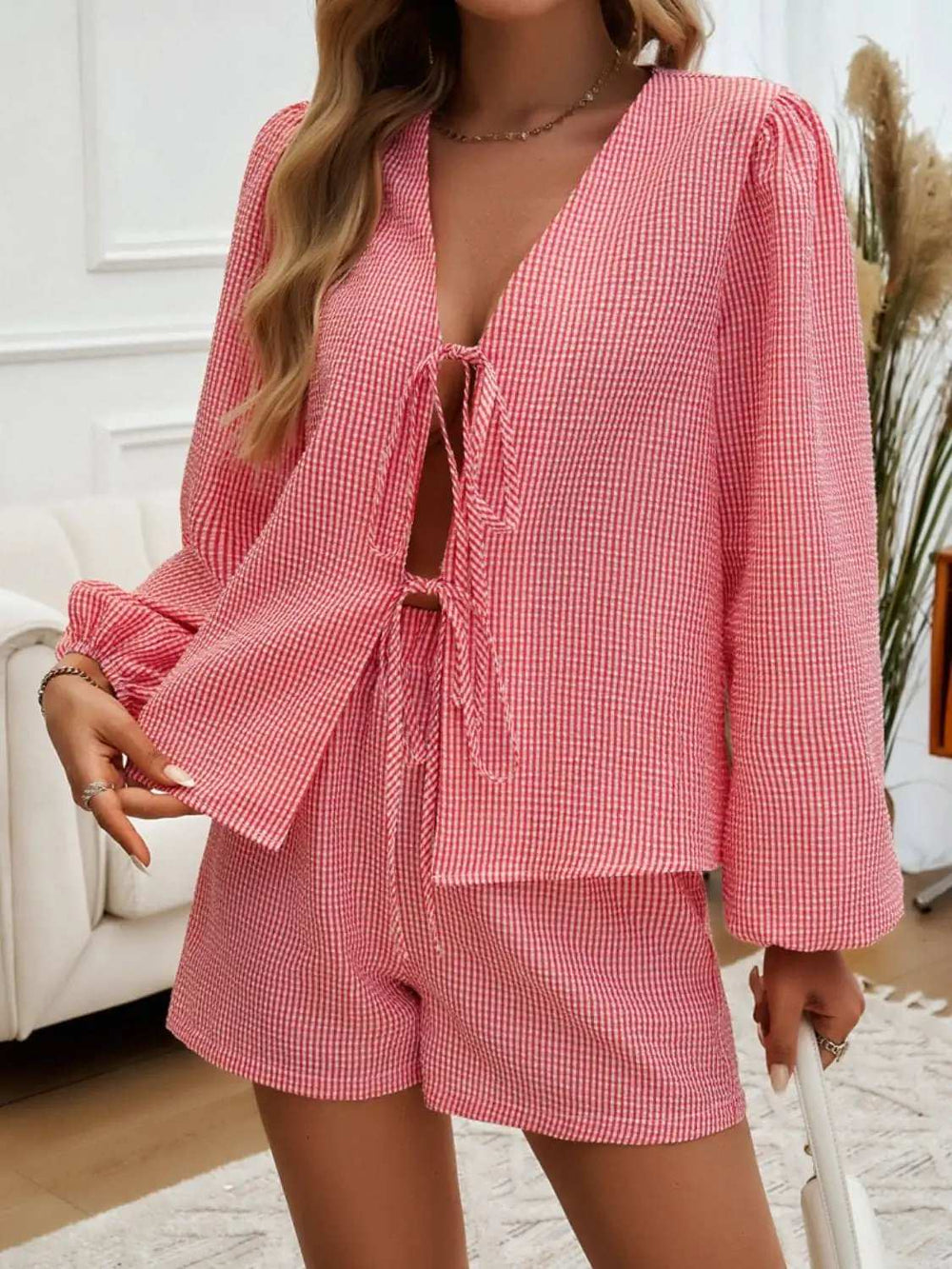 Tied Long Sleeve Top and Shorts Set - Trendsi - Flyclothing LLC