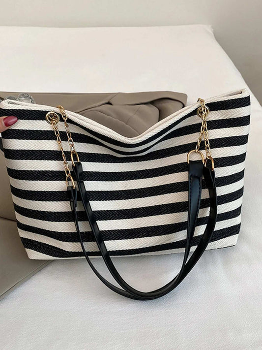 Striped Shoulder Bag with Chain Detail - Trendsi - Flyclothing LLC