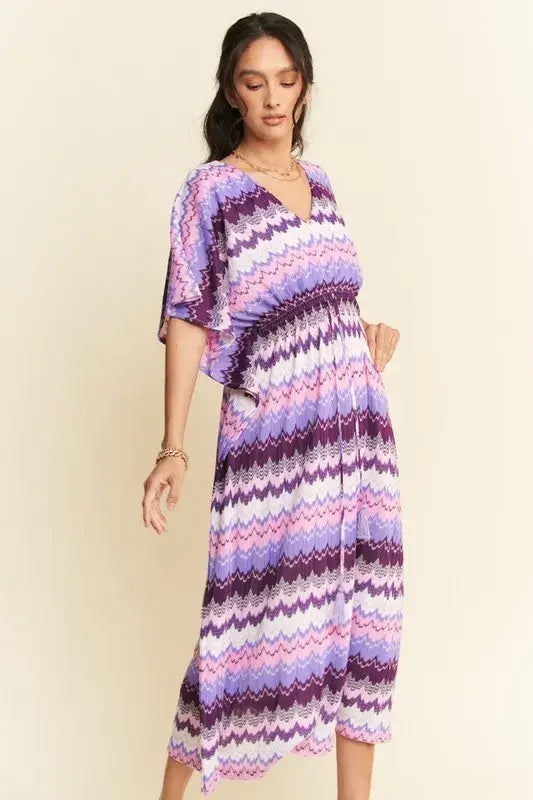 Davi & Dani Multi Color Wavy Tie Waist Flowy Sleeve Dress - Trendsi - Flyclothing LLC