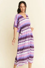 Davi & Dani Multi Color Wavy Tie Waist Flowy Sleeve Dress - Trendsi - Flyclothing LLC