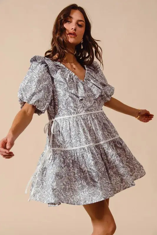 SO ME Cotton Printed Ruffle V Neckline Dress with Side Tie - Trendsi - Flyclothing LLC
