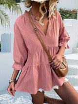 Ruffled Notched Three-Quarter Sleeve Blouse - Trendsi - Flyclothing LLC