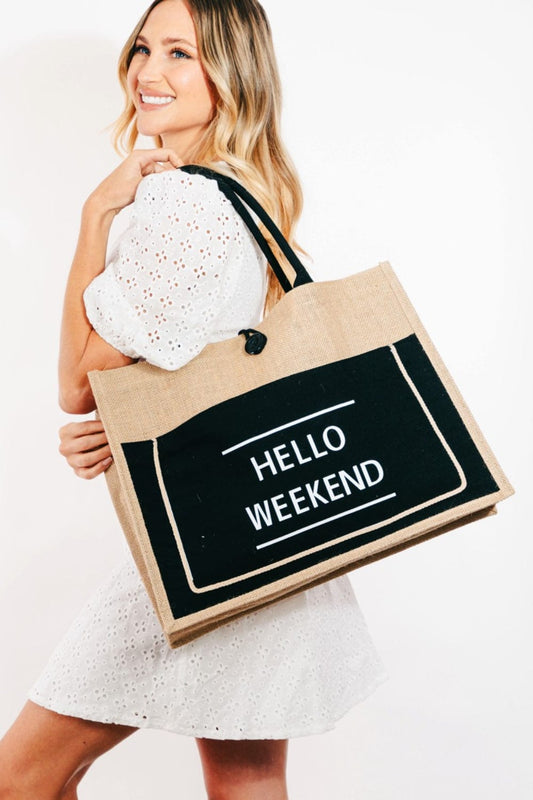 Fame Hello Weekend Burlap Tote Bag - Trendsi