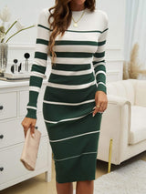 Color Block Round Neck Long Sleeve Midi Dress - Trendsi - Flyclothing LLC