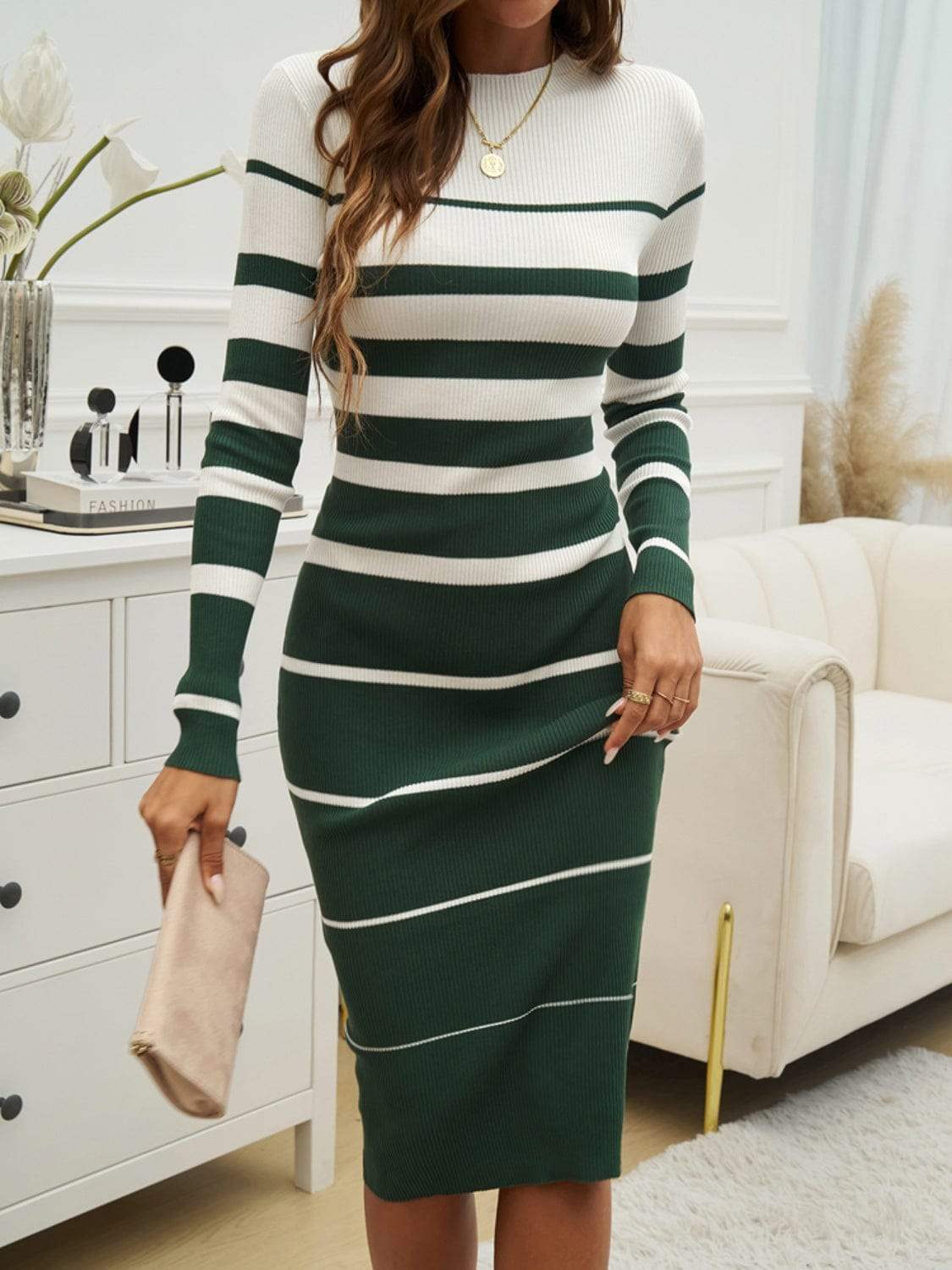 Color Block Round Neck Long Sleeve Midi Dress - Trendsi - Flyclothing LLC