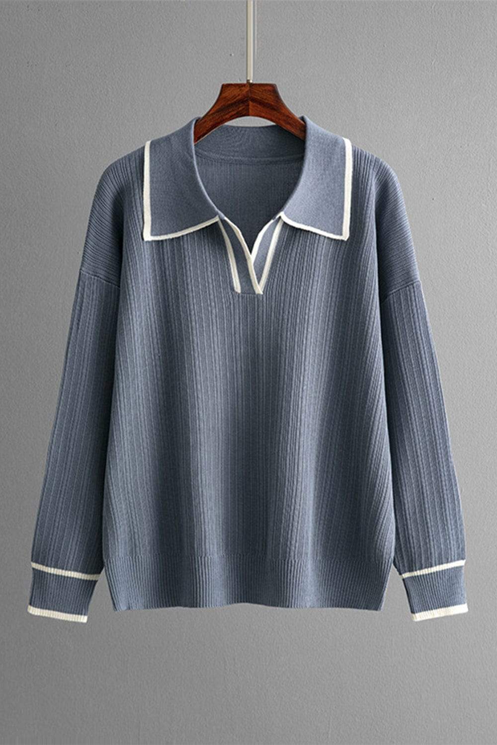 Contrast Trim Johnny Collar Top and Drawstring Pants Sweater Set - Trendsi - Flyclothing LLC