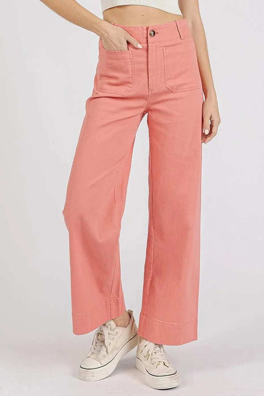 Mittoshop Twill Patch Pocket High Rise Wide Leg Pants - Trendsi - Flyclothing LLC