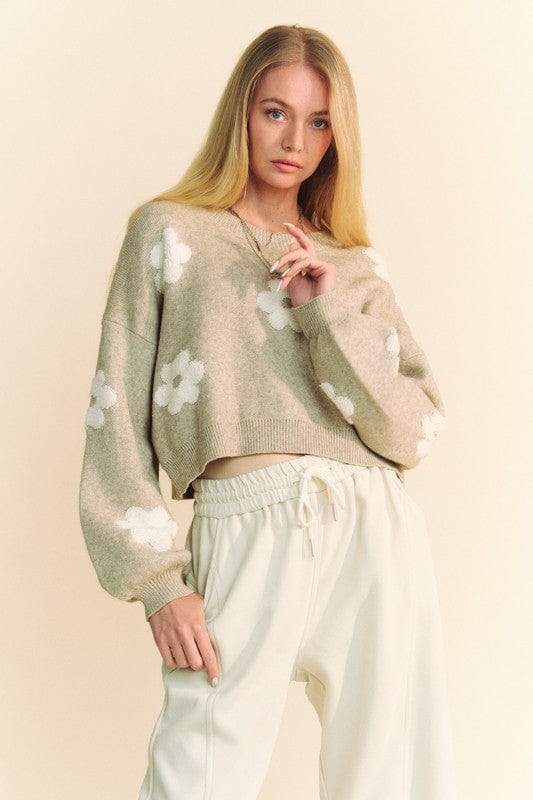 Davi & Dani Floral Drop Shoulder Cropped Sweater - Trendsi