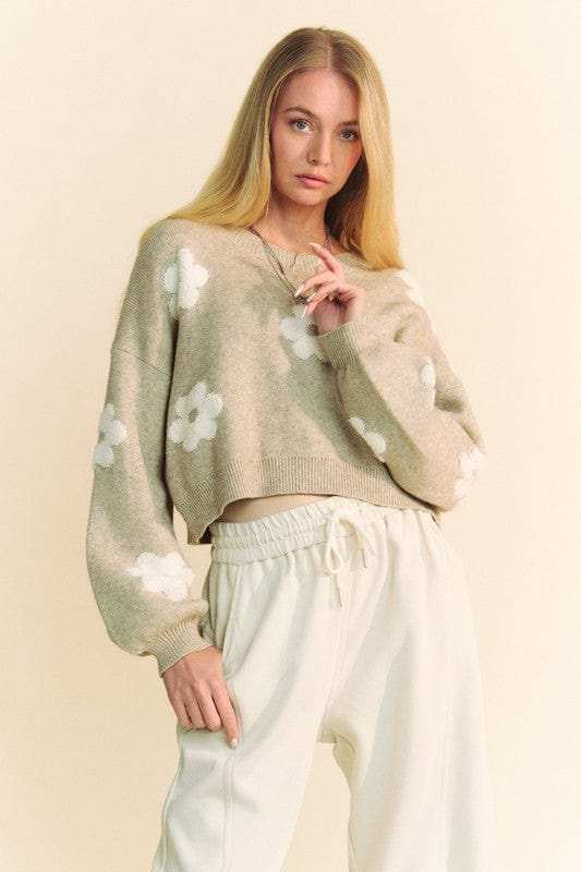 Davi & Dani Floral Drop Shoulder Cropped Sweater - Trendsi - Flyclothing LLC