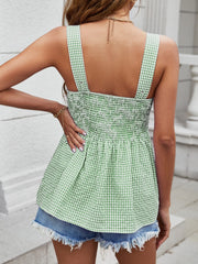 Smocked Plaid Square Neck Tank Trendsi