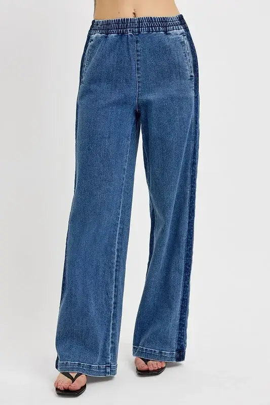 RISEN Full Size Elastic Waist Wide Leg Jeans Plus Size - Trendsi - Flyclothing LLC