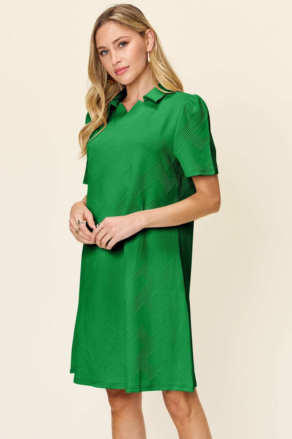 Double Take Full Size Texture Collared Neck Short Sleeve Dress - Trendsi - Flyclothing LLC