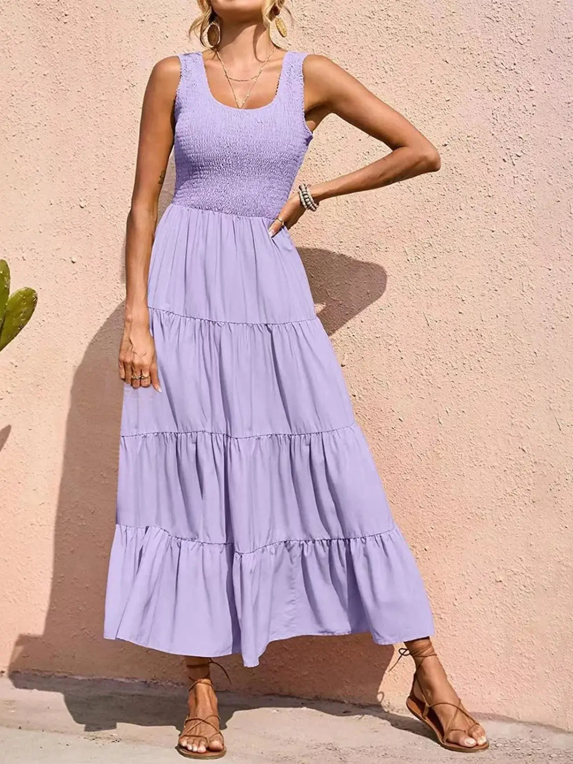 Tiered Smocked Wide Strap Dress - Trendsi - Flyclothing LLC