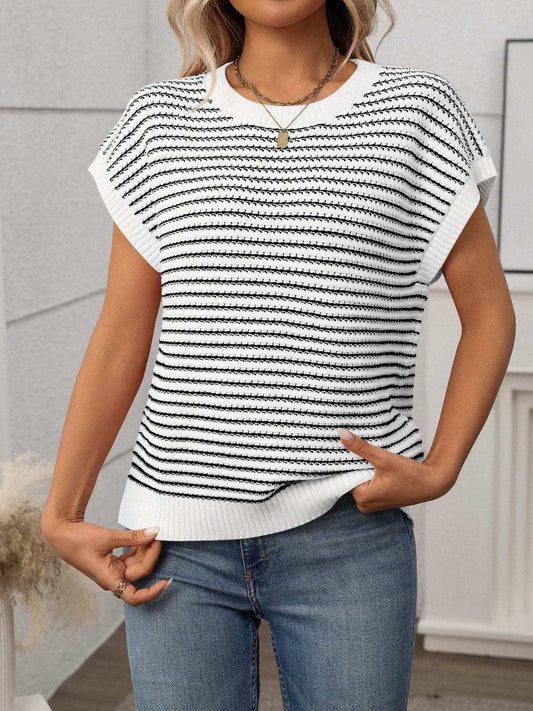 Striped Round Neck Short Sleeve Knit Top - Trendsi - Flyclothing LLC