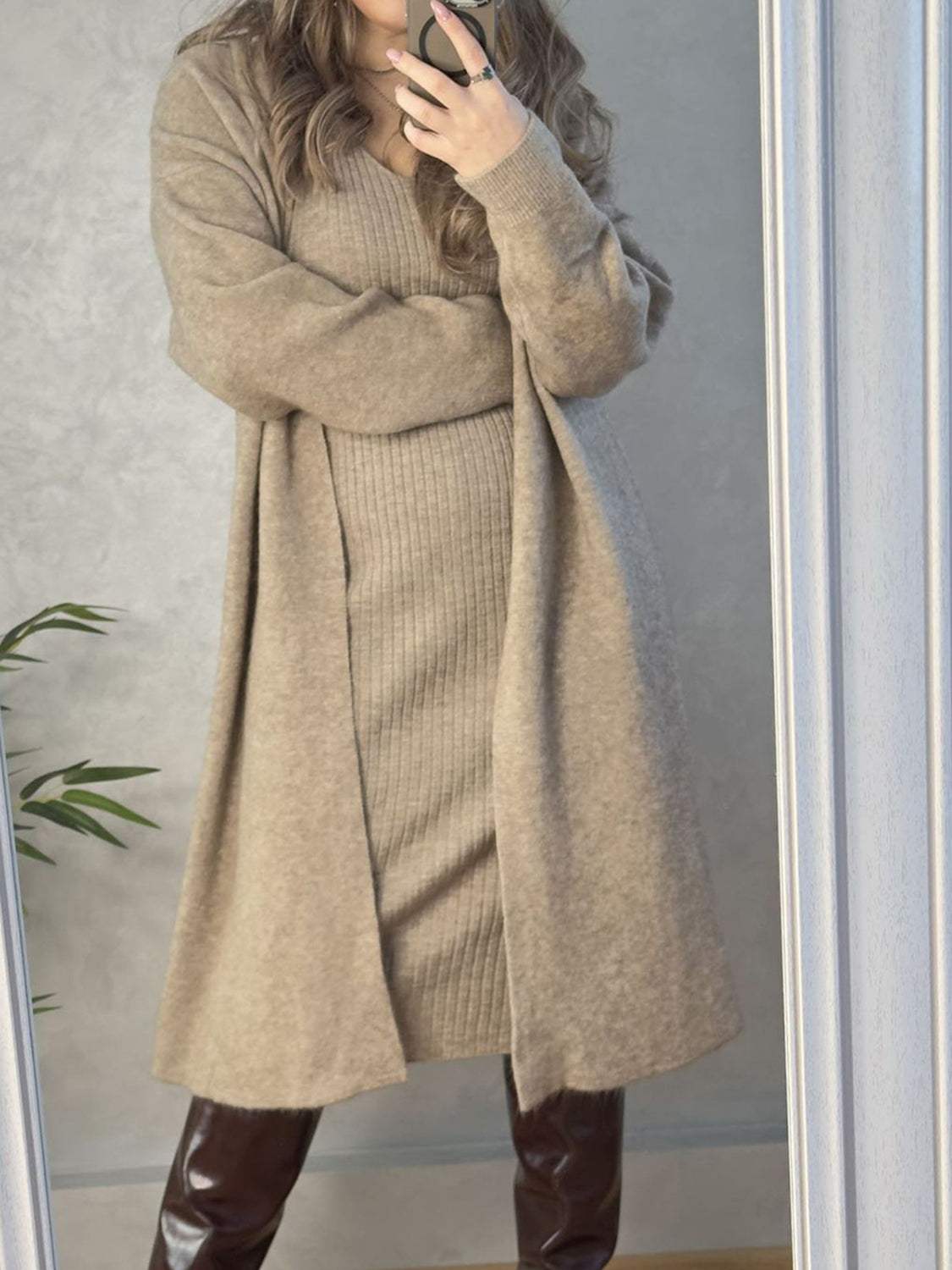 V-Neck Cami Dress and Open Front Cardigan Sweater Set - Trendsi - Flyclothing LLC
