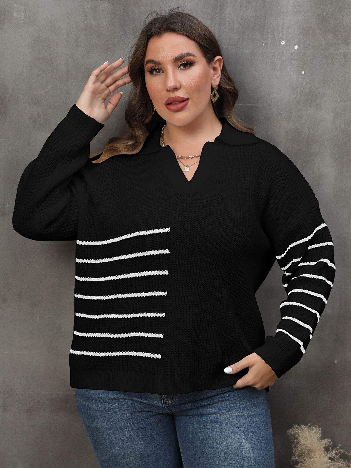 Plus Size Striped V-Neck Sweater - Trendsi - Flyclothing LLC