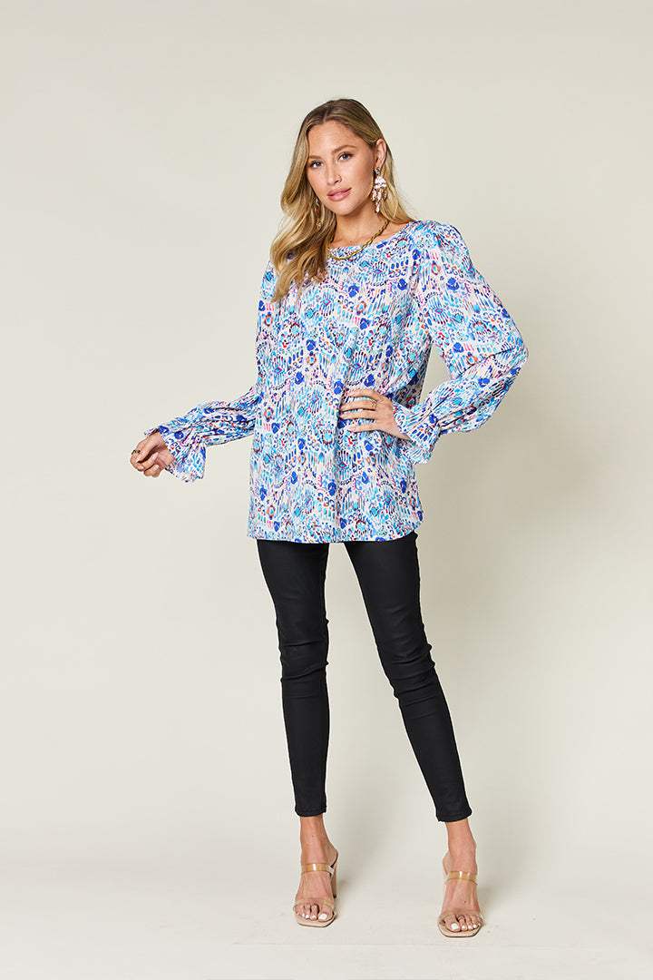 Double Take Full Size Printed Flounce Sleeve Blouse - Trendsi - Flyclothing LLC