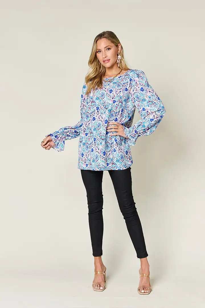 Double Take Full Size Printed Flounce Sleeve Blouse - Trendsi - Flyclothing LLC