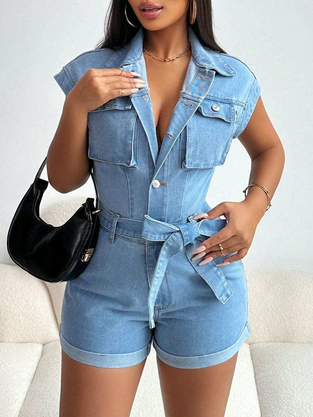 Tie Waist Cap Sleeve Denim Romper - Trendsi - Flyclothing LLC