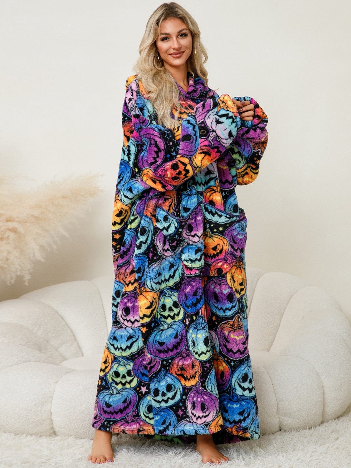 Fuzzy Pocketed Long Sleeve Hooded Lounge Dress - Trendsi