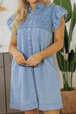 Smocked Collared Neck Cap Sleeve Denim Dress - Trendsi - Flyclothing LLC