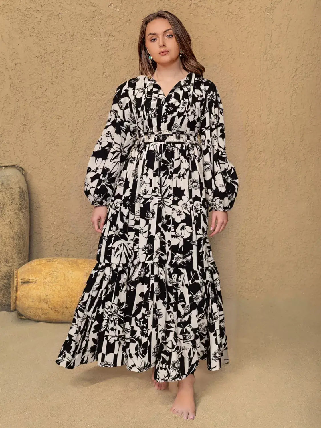 Plus Size Floral Print Balloon Sleeve Maxi Dress - Trendsi - Flyclothing LLC