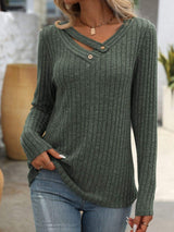 Ribbed V-Neck Long Sleeve T-Shirt - Trendsi - Flyclothing LLC