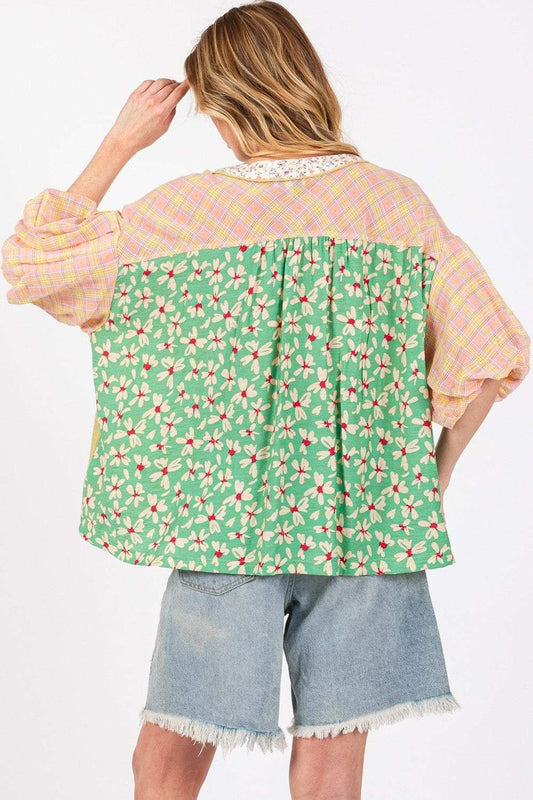 SAGE + FIG Color Block Bubble Sleeve Top - Trendsi - Flyclothing LLC