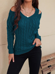 Honey Cable-Knit V-Neck Cold Shoulder Sweater - Trendsi