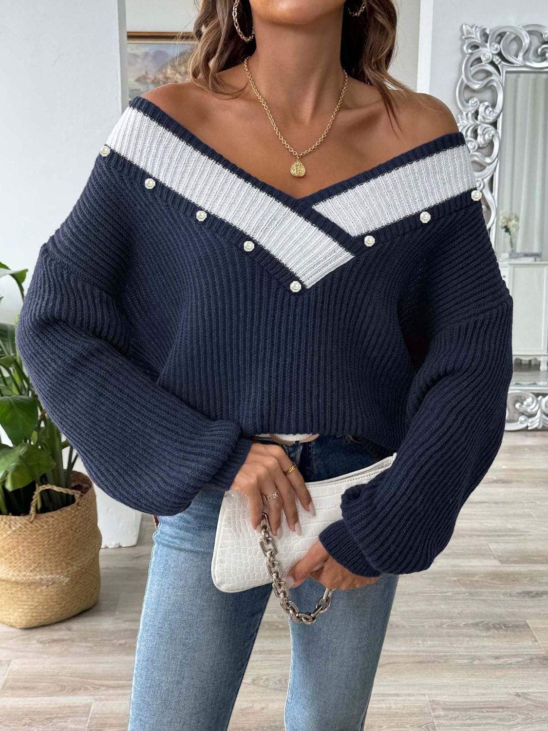 Contrast Trim Dropped Shoulder Long Sleeve Sweater - Trendsi - Flyclothing LLC