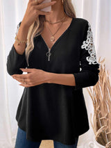 Perfee Lace Detail Quarter Zip Long Sleeve Top - Trendsi - Flyclothing LLC