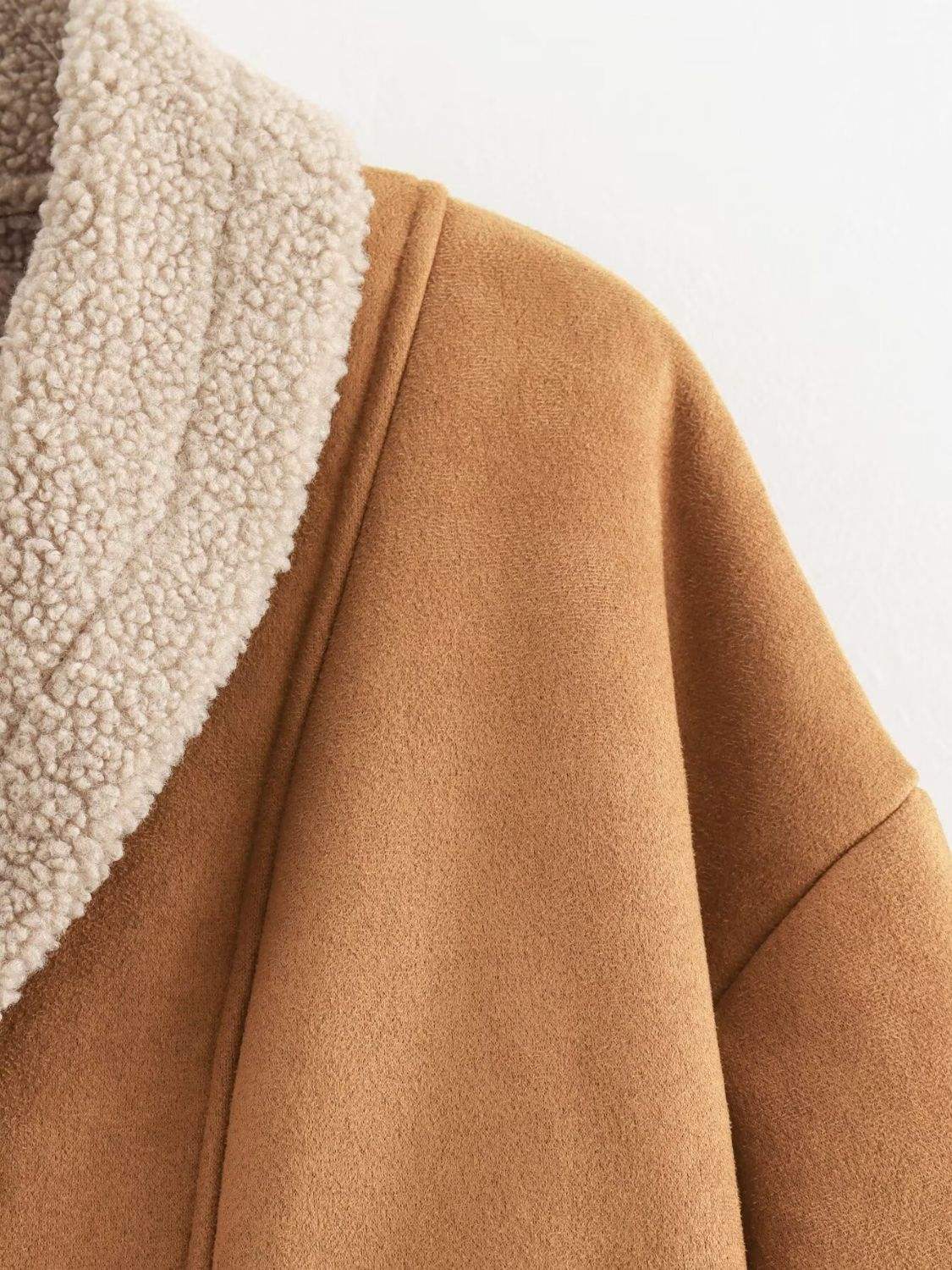 Fuzzy Collared Neck Long Sleeve Jacket - Trendsi - Flyclothing LLC
