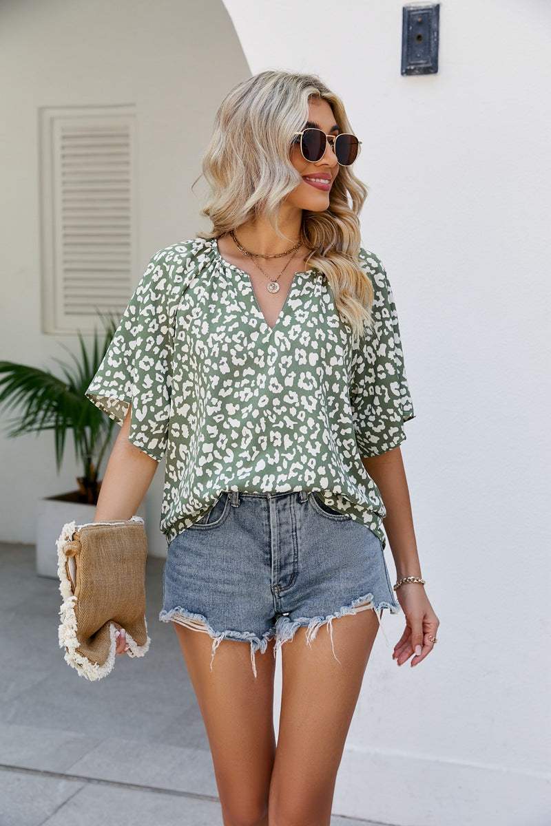 Leopard Notched Half Sleeve Blouse - Trendsi - Flyclothing LLC