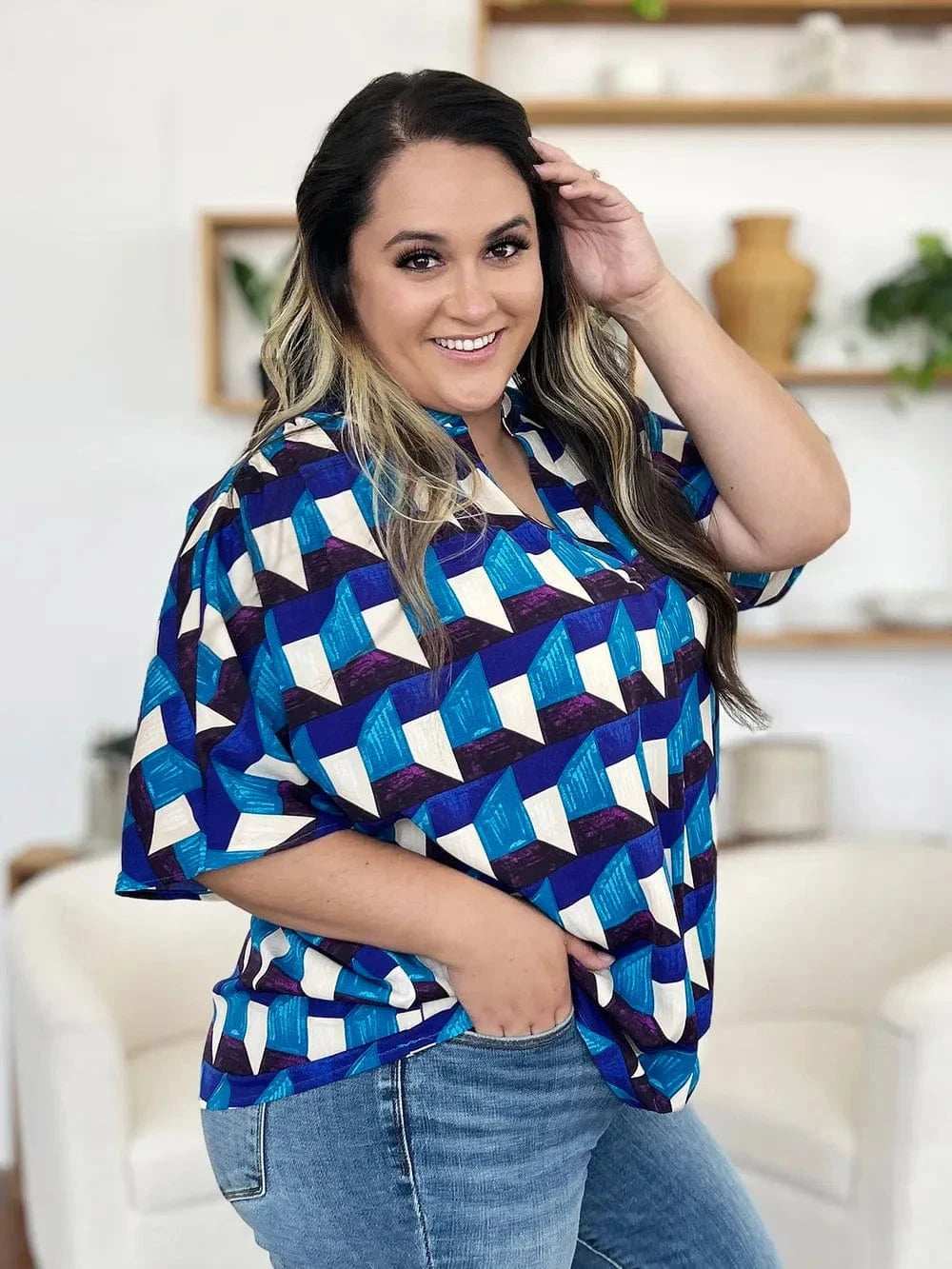 Double Take Full Size Geometric Notched Half Sleeve Blouse - Trendsi - Flyclothing LLC