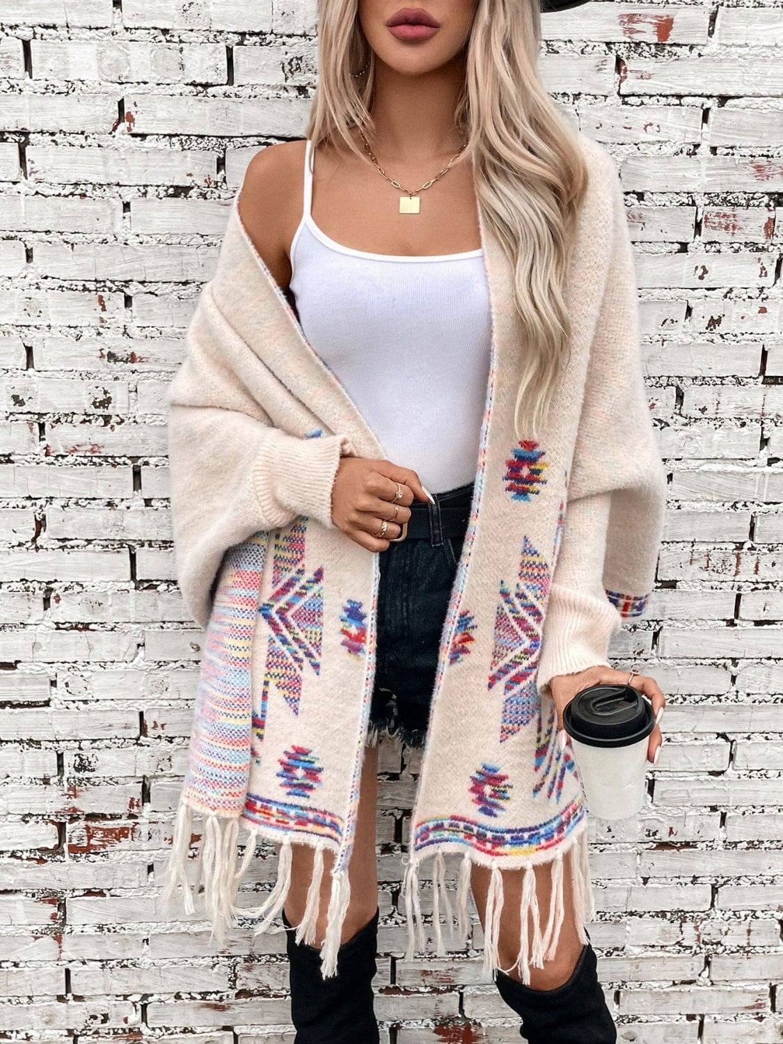 Fringe Geometric Open Front Long Sleeve Cape - Trendsi
