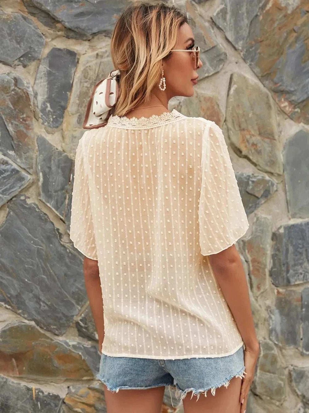 Lace Detail V-Neck Siwss Dot Blouse - Trendsi - Flyclothing LLC